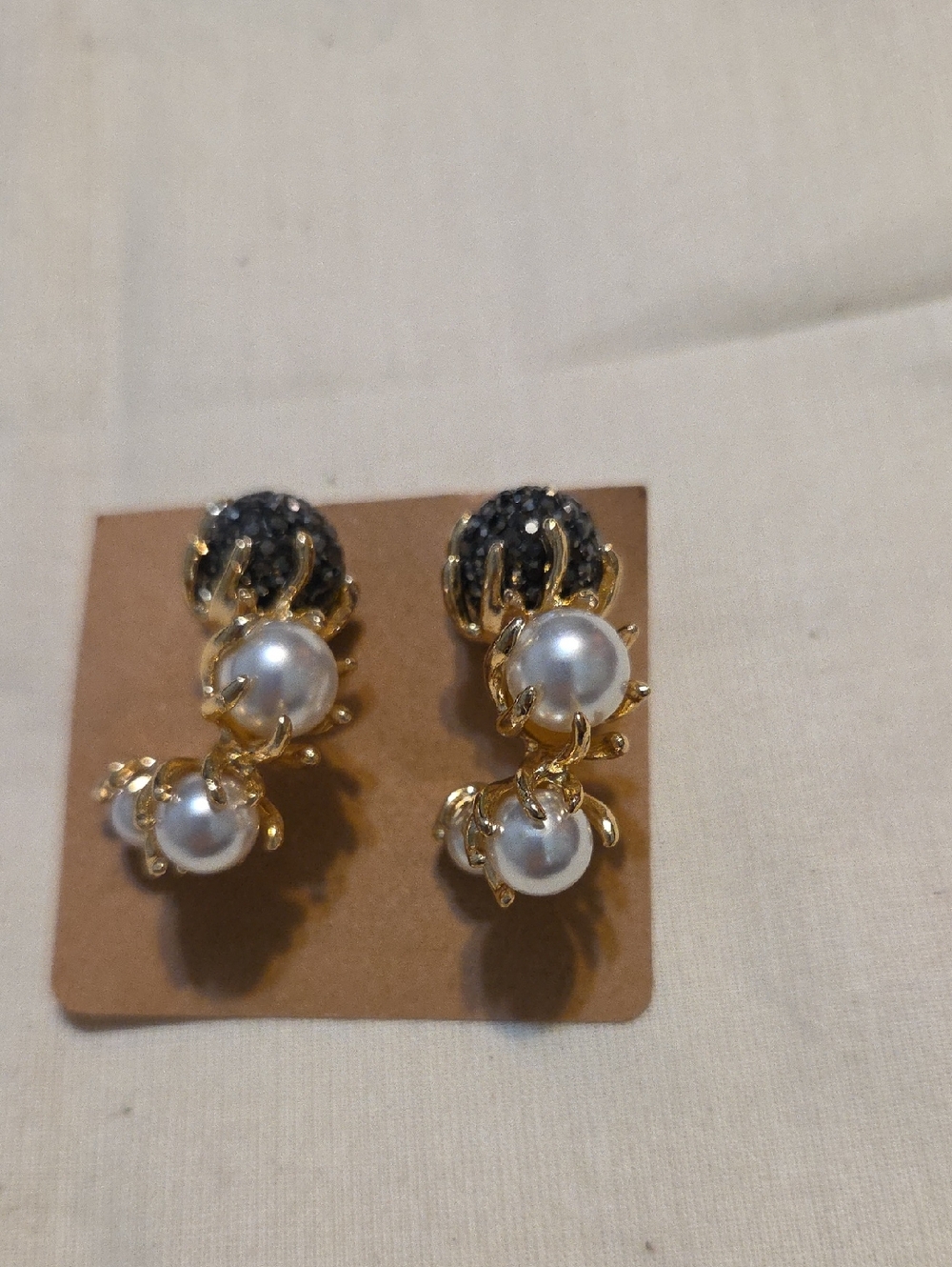 Gold Pearl Drop Earrings with Black Crystal Accent